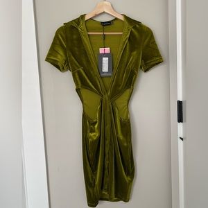 Olive Velvet Cut Out Short Sleeve Shirt Dress